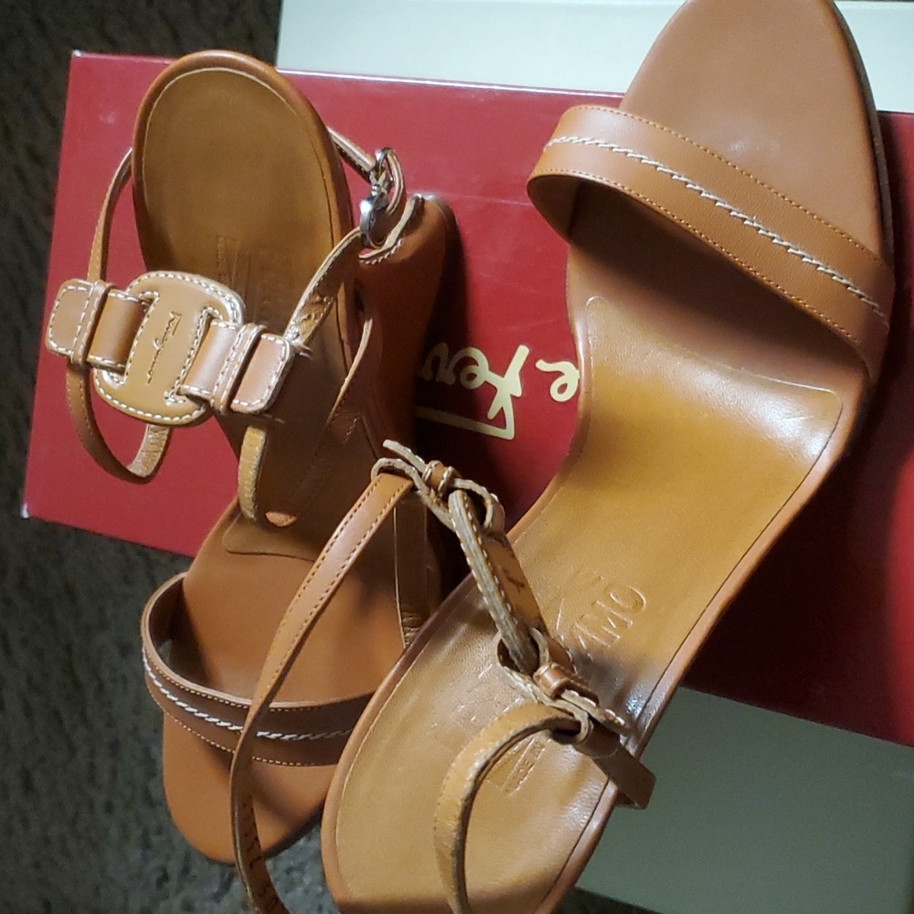 Salvatore Ferragamo Tan Leather Wedge Sandals